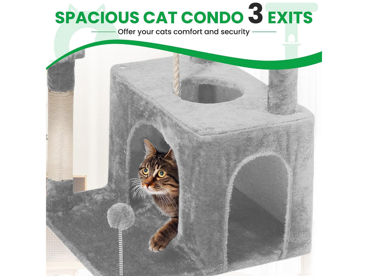 54 Inches Large Cat Tree Tower for Indoor Cat, Tall Cat Tower with Scratching Posts, Cat Condos, Cat Hammock, Pompoms, Top Perches, Sisal Rope, for Bed Room, Living Room (Light Grey)