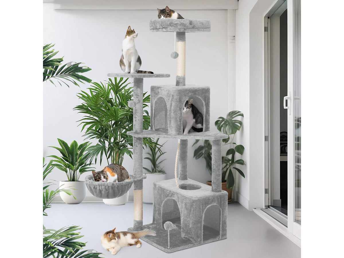 54 Inches Large Cat Tree Tower for Indoor Cat, Tall Cat Tower with Scratching Posts, Cat Condos, Cat Hammock, Pompoms, Top Perches, Sisal Rope, for Bed Room, Living Room (Light Grey)