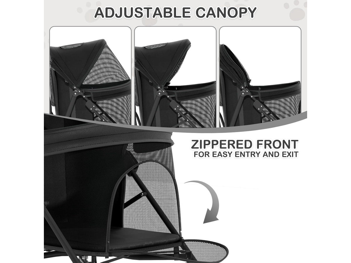 4 Wheels Pet Stroller, Easy-Fold Puppy Cage Jogger Stroller with Sun Cover, Pad and Rear Storage Bag, Breathable and Visible Mesh for Small/Medium Pets up to 22 lbs, Black