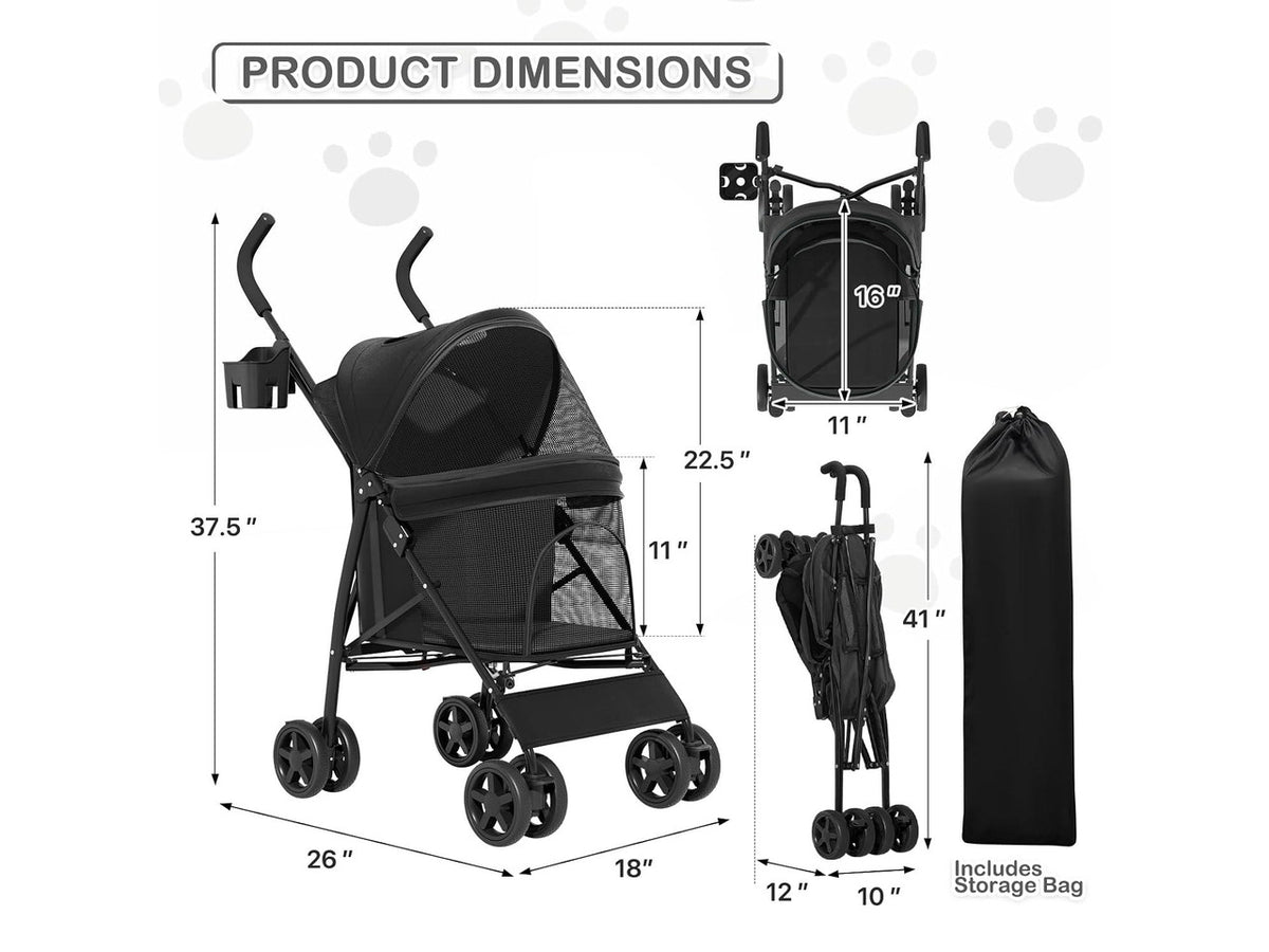 4 Wheels Pet Stroller, Easy-Fold Puppy Cage Jogger Stroller with Sun Cover, Pad and Rear Storage Bag, Breathable and Visible Mesh for Small/Medium Pets up to 22 lbs, Black