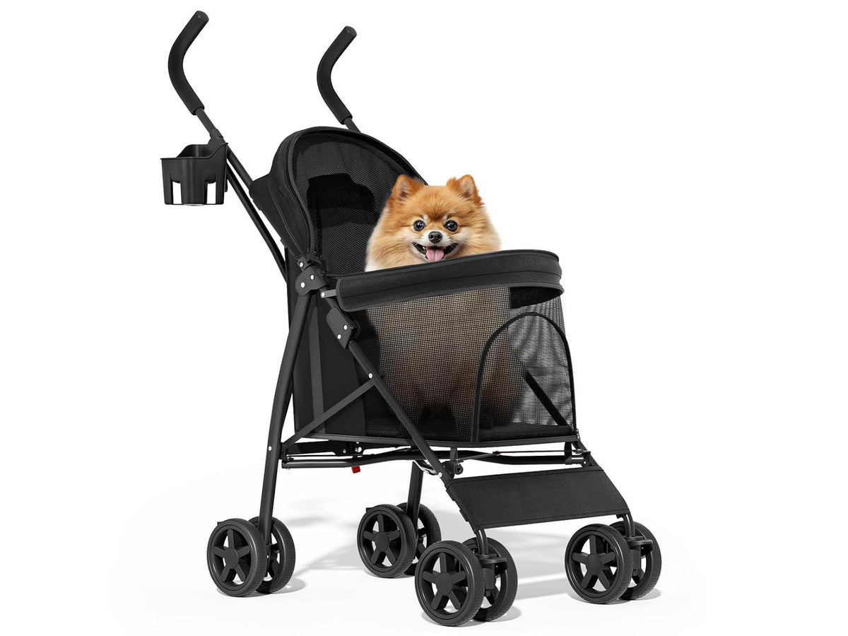 4 Wheels Pet Stroller, Easy-Fold Puppy Cage Jogger Stroller with Sun Cover, Pad and Rear Storage Bag, Breathable and Visible Mesh for Small/Medium Pets up to 22 lbs, Black