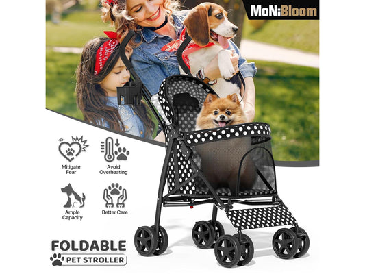 4 Wheels Pet Stroller, Easy-Fold Umbrella Shaped Dog Cat Jogger Stroller w/Storage Bag & Visible Mesh for Small/Medium Dogs Cats Black Polka Dots