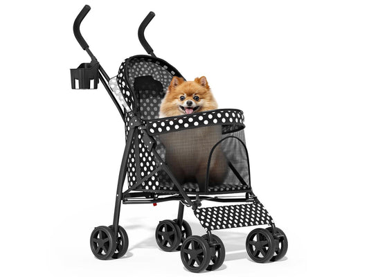 4 Wheels Pet Stroller, Easy-Fold Umbrella Shaped Dog Cat Jogger Stroller w/Storage Bag & Visible Mesh for Small/Medium Dogs Cats Black Polka Dots