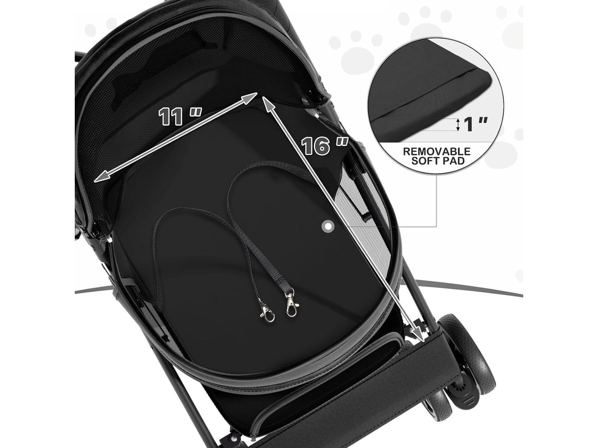 4 Wheels Pet Stroller, Easy-Fold Puppy Cage Jogger Stroller with Sun Cover, Pad and Rear Storage Bag, Breathable and Visible Mesh for Small/Medium Pets up to 22 lbs, Black