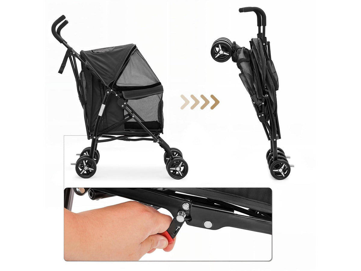 4 Wheels Pet Stroller, Easy-Fold Puppy Cage Jogger Stroller with Sun Cover, Pad and Rear Storage Bag, Breathable and Visible Mesh for Small/Medium Pets up to 22 lbs, Black