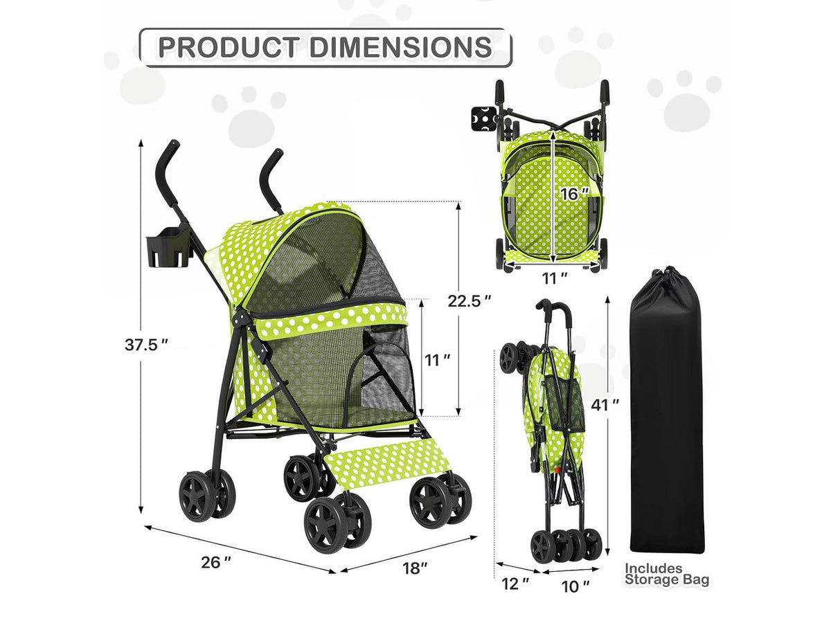 4 Wheels Pet Stroller, Easy-Fold Umbrella Shaped Dog Cat Jogger Stroller w/Storage Bag & Visible Mesh for Small/Medium Dogs Cats Lawn Green Polka Dots