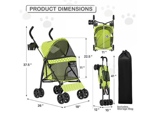 4 Wheels Pet Stroller, Easy-Fold Umbrella Shaped Dog Cat Jogger Stroller w/Storage Bag & Visible Mesh for Small/Medium Dogs Cats Lawn Green Polka Dots