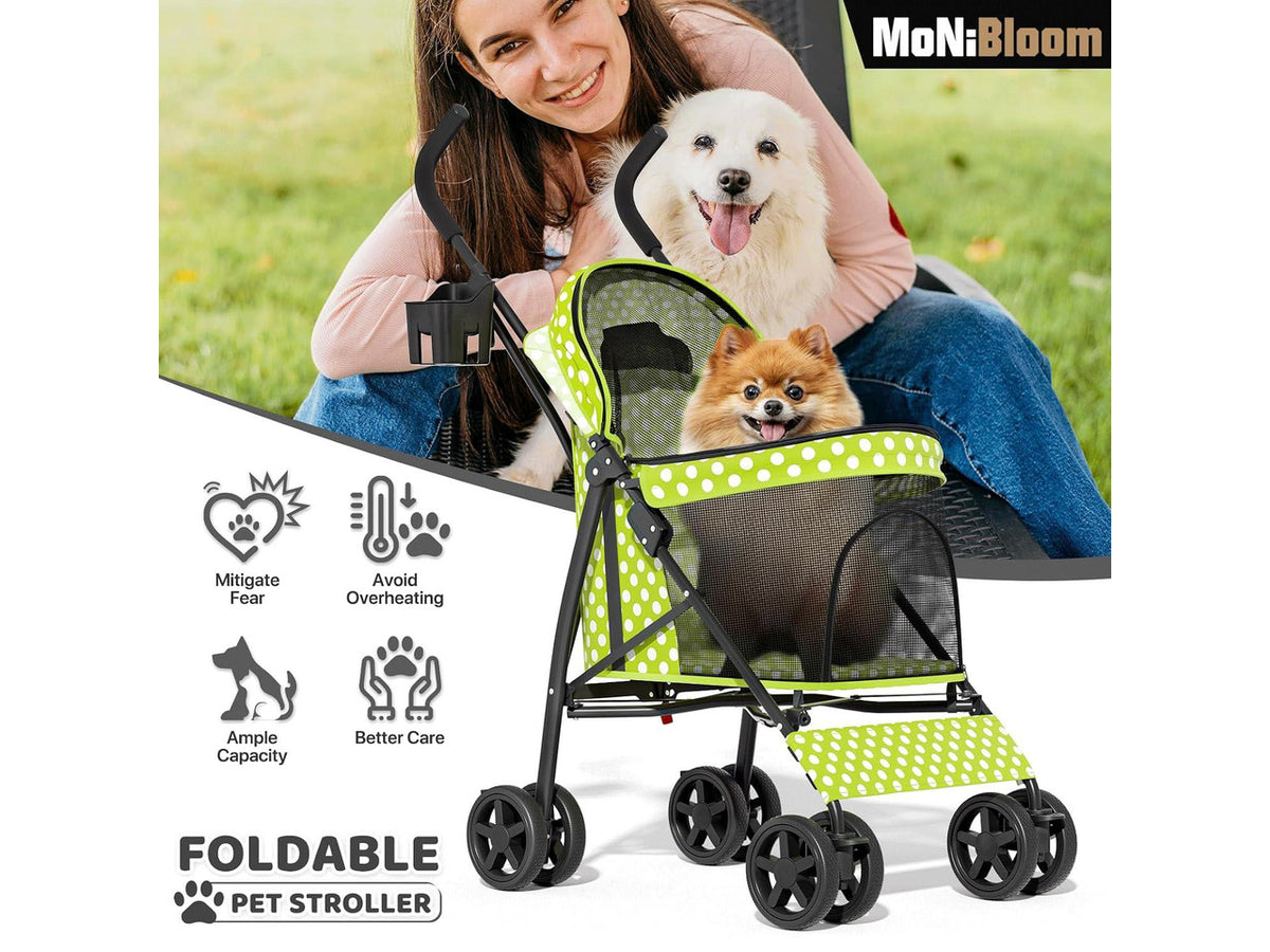 4 Wheels Pet Stroller, Easy-Fold Umbrella Shaped Dog Cat Jogger Stroller w/Storage Bag & Visible Mesh for Small/Medium Dogs Cats Lawn Green Polka Dots
