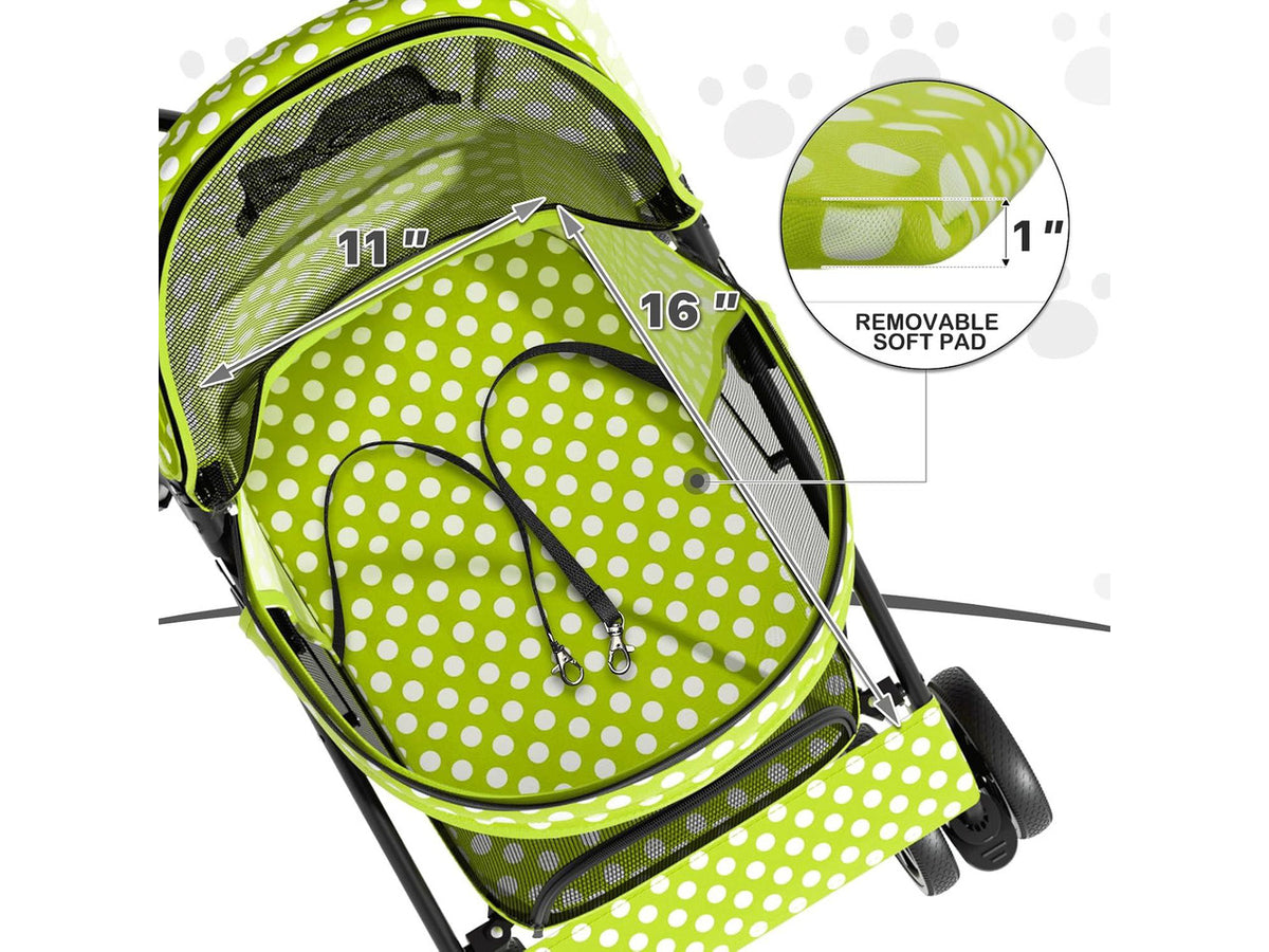 4 Wheels Pet Stroller, Easy-Fold Umbrella Shaped Dog Cat Jogger Stroller w/Storage Bag & Visible Mesh for Small/Medium Dogs Cats Lawn Green Polka Dots