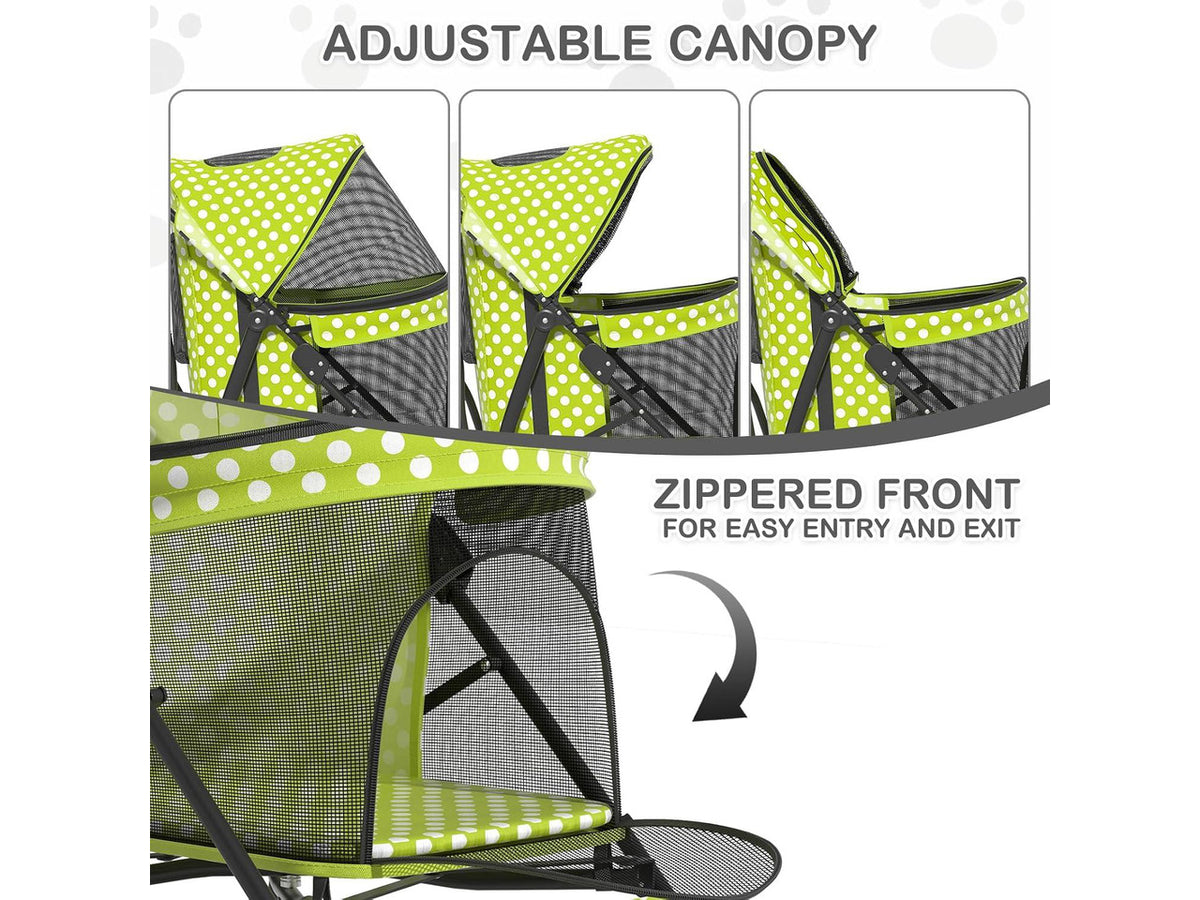 4 Wheels Pet Stroller, Easy-Fold Umbrella Shaped Dog Cat Jogger Stroller w/Storage Bag & Visible Mesh for Small/Medium Dogs Cats Lawn Green Polka Dots