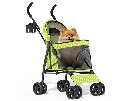 4 Wheels Pet Stroller, Easy-Fold Umbrella Shaped Dog Cat Jogger Stroller w/Storage Bag & Visible Mesh for Small/Medium Dogs Cats Lawn Green Polka Dots