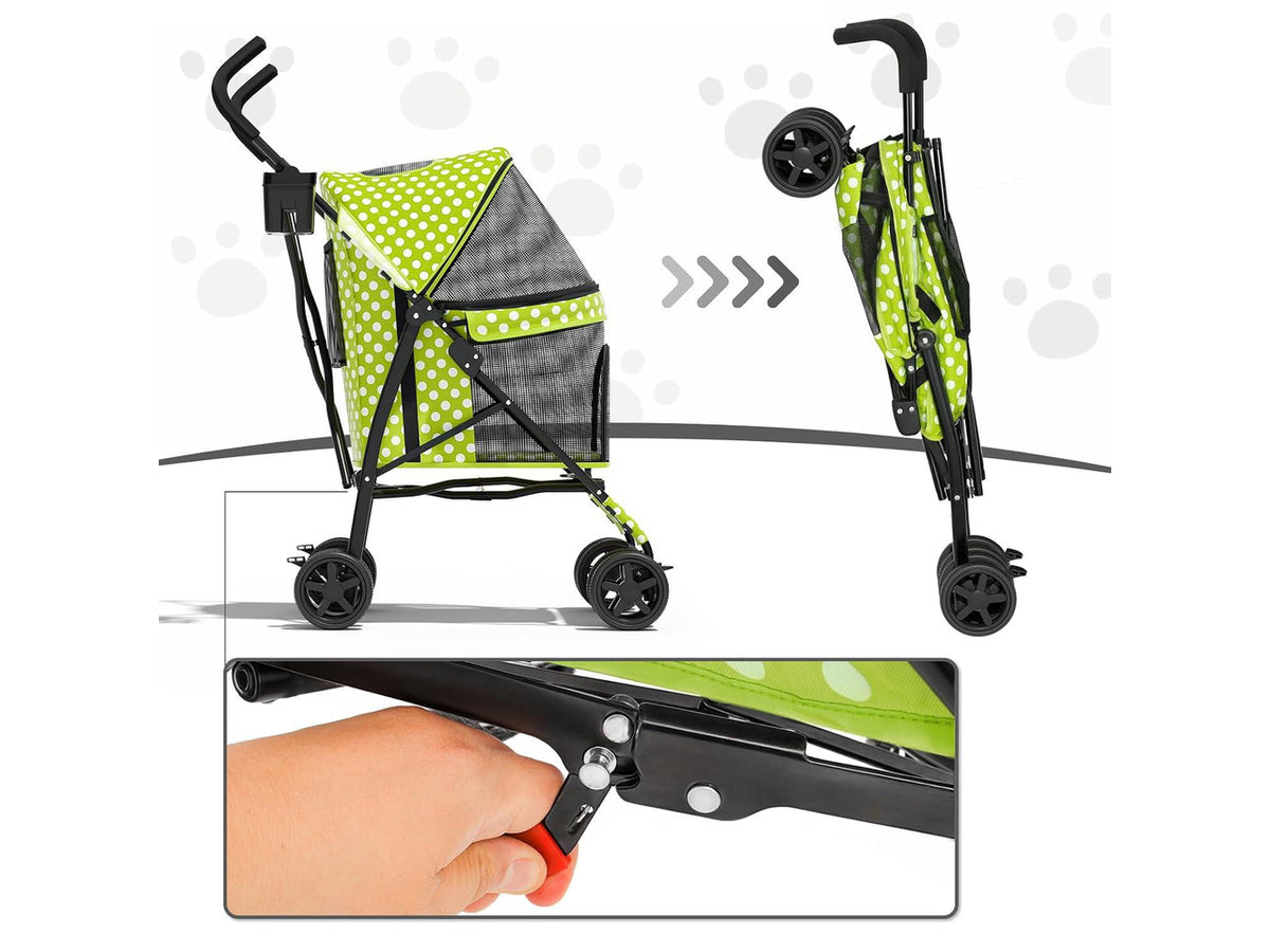 4 Wheels Pet Stroller, Easy-Fold Umbrella Shaped Dog Cat Jogger Stroller w/Storage Bag & Visible Mesh for Small/Medium Dogs Cats Lawn Green Polka Dots