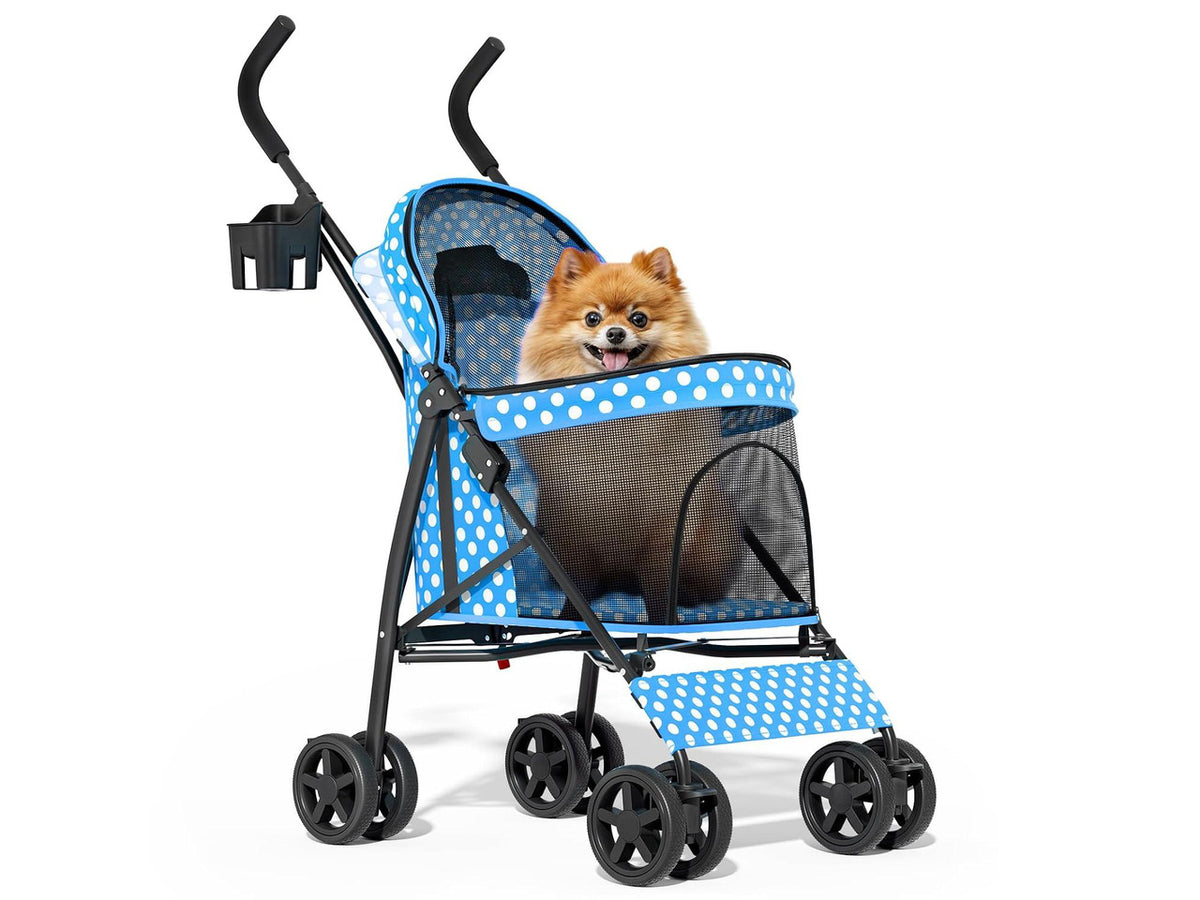 4 Wheels Pet Stroller, Easy-Fold Umbrella Shaped Dog Cat Jogger Stroller w/Storage Bag & Visible Mesh for Small/Medium Dogs Cats Sky Blue Polka Dots