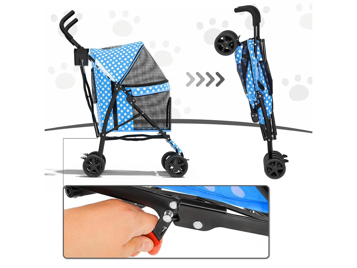 4 Wheels Pet Stroller, Easy-Fold Umbrella Shaped Dog Cat Jogger Stroller w/Storage Bag & Visible Mesh for Small/Medium Dogs Cats Sky Blue Polka Dots