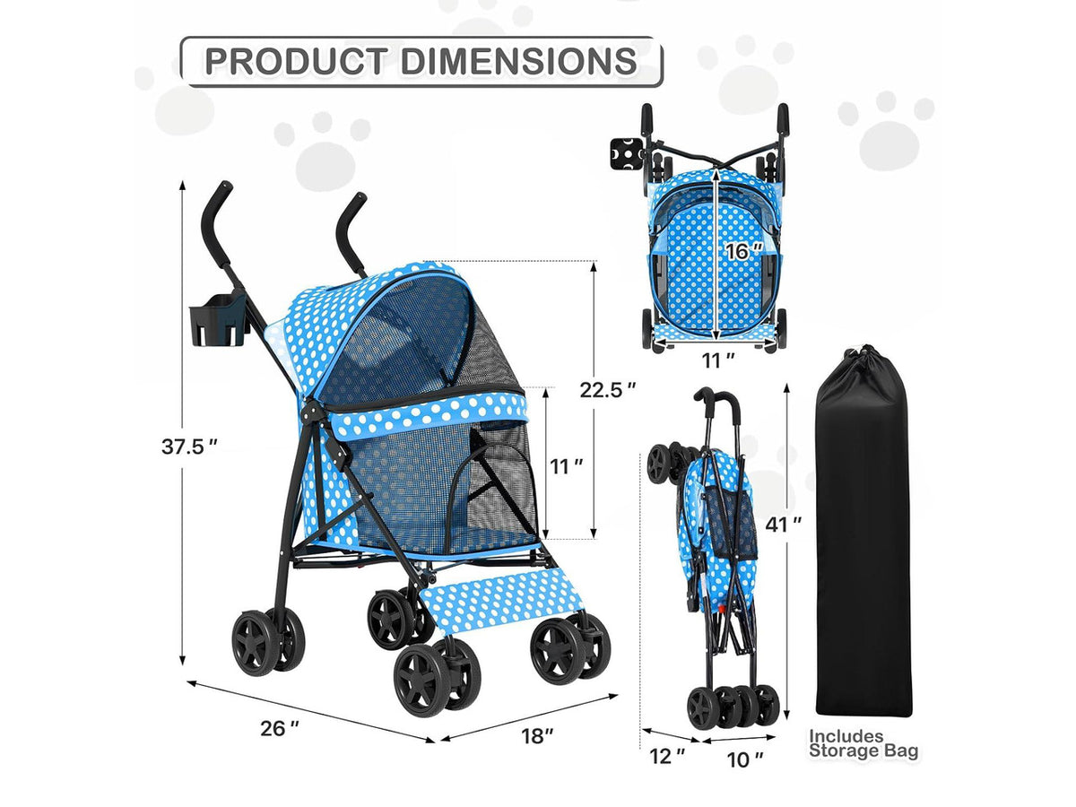 4 Wheels Pet Stroller, Easy-Fold Umbrella Shaped Dog Cat Jogger Stroller w/Storage Bag & Visible Mesh for Small/Medium Dogs Cats Sky Blue Polka Dots