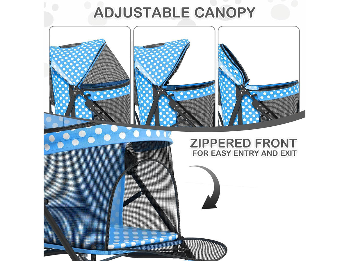 4 Wheels Pet Stroller, Easy-Fold Umbrella Shaped Dog Cat Jogger Stroller w/Storage Bag & Visible Mesh for Small/Medium Dogs Cats Sky Blue Polka Dots