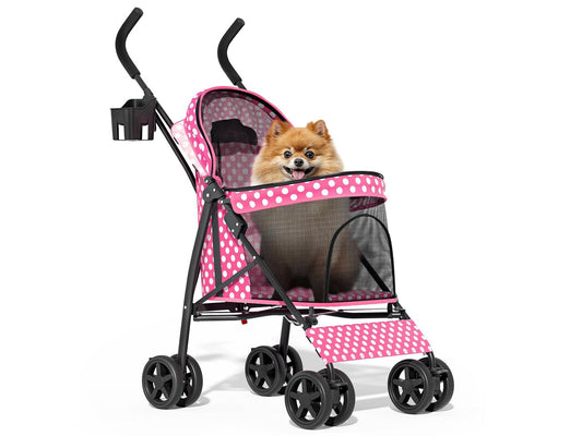 4 Wheels Pet Stroller, Easy-Fold Umbrella Shaped Dog Cat Jogger Stroller w/Storage Bag & Visible Mesh for Small/Medium Dogs Cats Hot Pink Polka Dots