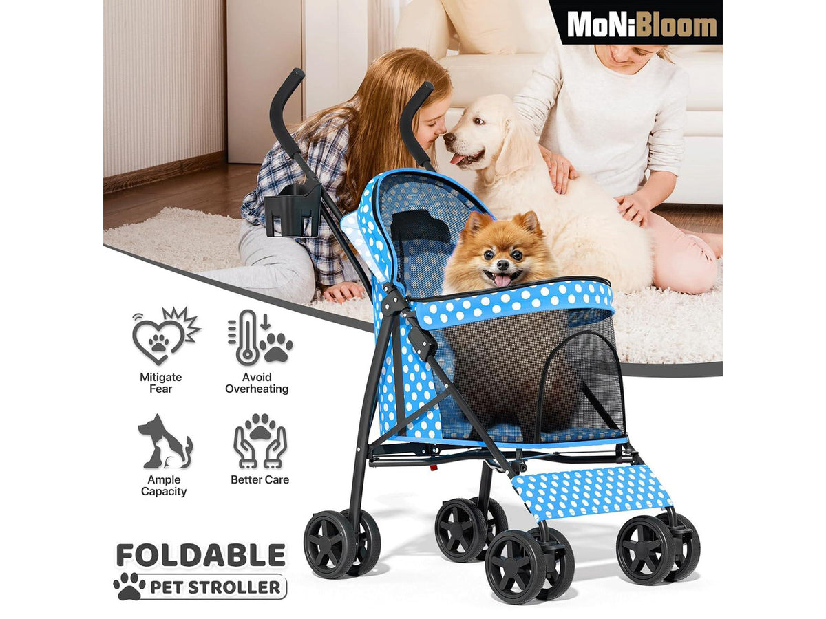 4 Wheels Pet Stroller, Easy-Fold Umbrella Shaped Dog Cat Jogger Stroller w/Storage Bag & Visible Mesh for Small/Medium Dogs Cats Sky Blue Polka Dots