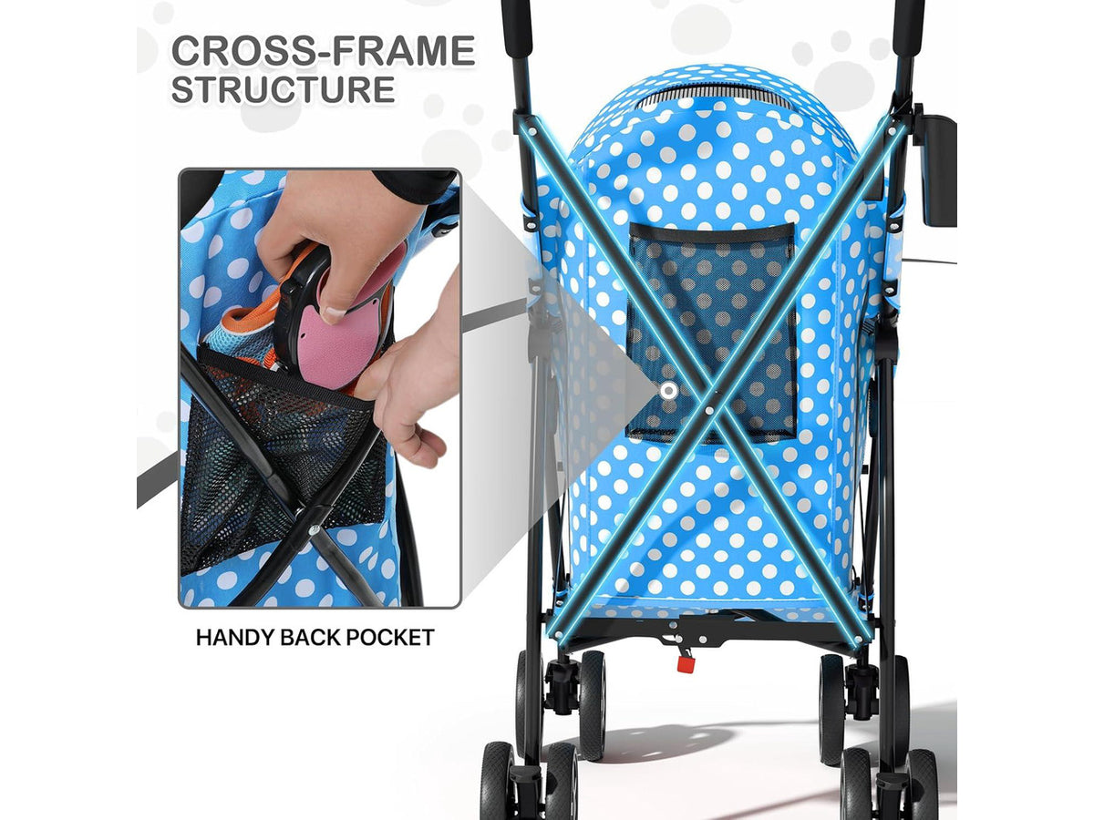 4 Wheels Pet Stroller, Easy-Fold Umbrella Shaped Dog Cat Jogger Stroller w/Storage Bag & Visible Mesh for Small/Medium Dogs Cats Sky Blue Polka Dots