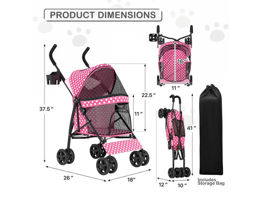 4 Wheels Pet Stroller, Easy-Fold Umbrella Shaped Dog Cat Jogger Stroller w/Storage Bag & Visible Mesh for Small/Medium Dogs Cats Hot Pink Polka Dots
