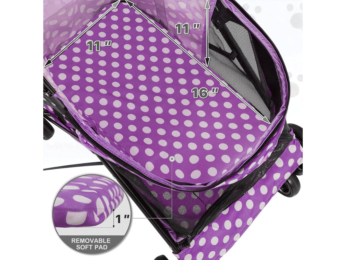 4 Wheels Pet Stroller, Easy-Fold Umbrella Shaped Dog Cat Jogger Stroller w/Storage Bag & Visible Mesh for Small/Medium Dogs Cats Purple Polka Dots