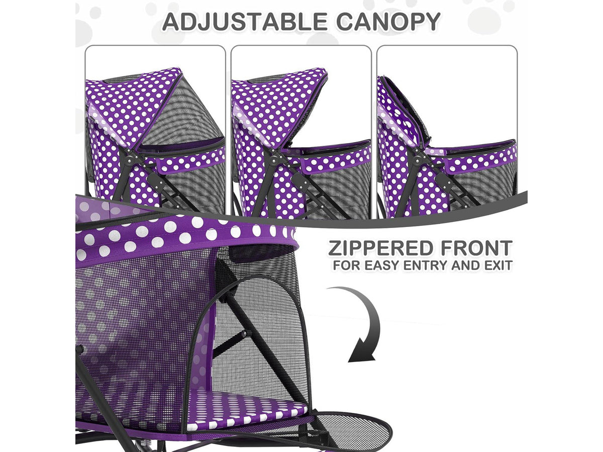 4 Wheels Pet Stroller, Easy-Fold Umbrella Shaped Dog Cat Jogger Stroller w/Storage Bag & Visible Mesh for Small/Medium Dogs Cats Purple Polka Dots