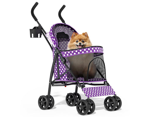 4 Wheels Pet Stroller, Easy-Fold Umbrella Shaped Dog Cat Jogger Stroller w/Storage Bag & Visible Mesh for Small/Medium Dogs Cats Purple Polka Dots