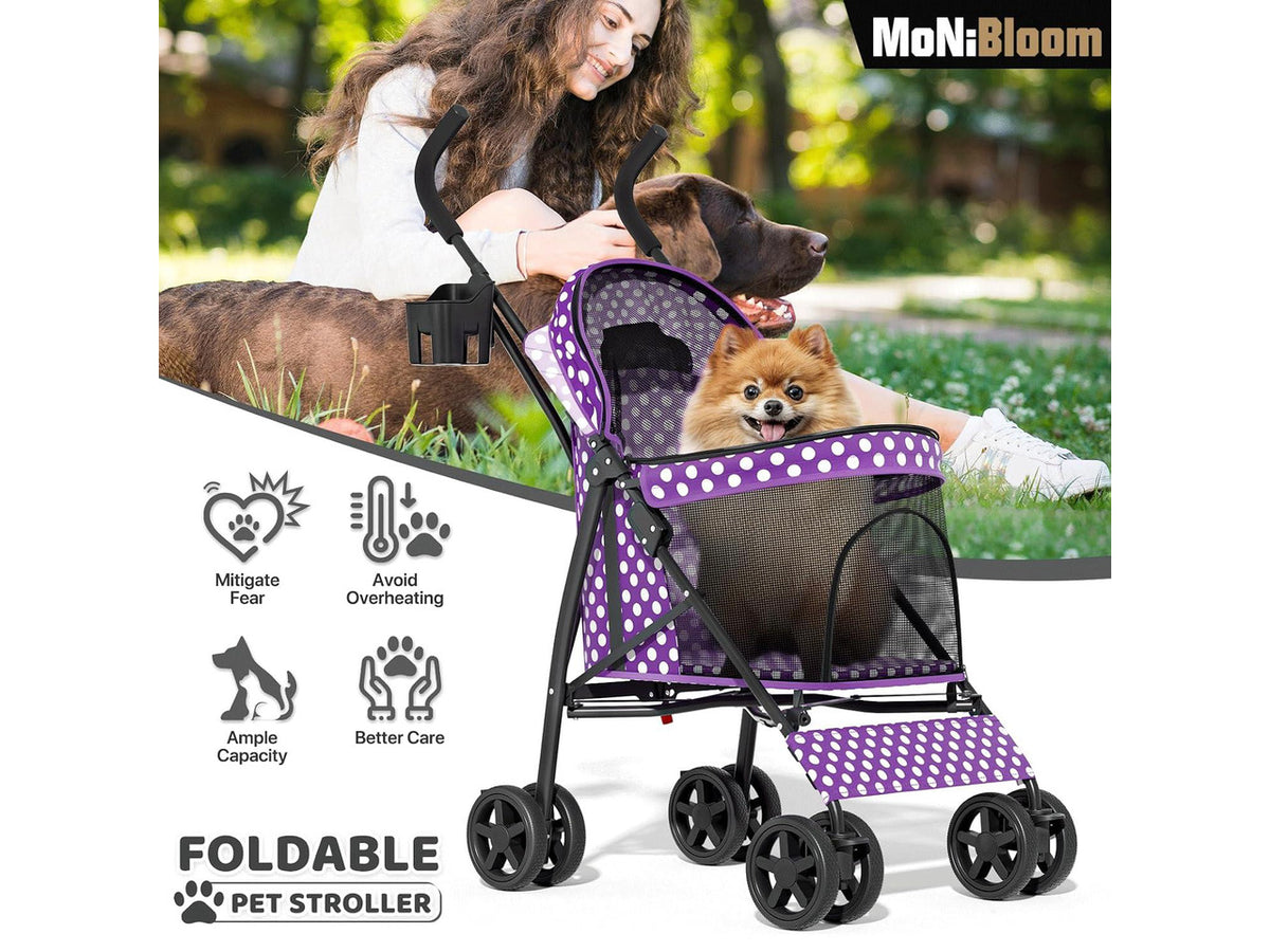 4 Wheels Pet Stroller, Easy-Fold Umbrella Shaped Dog Cat Jogger Stroller w/Storage Bag & Visible Mesh for Small/Medium Dogs Cats Purple Polka Dots