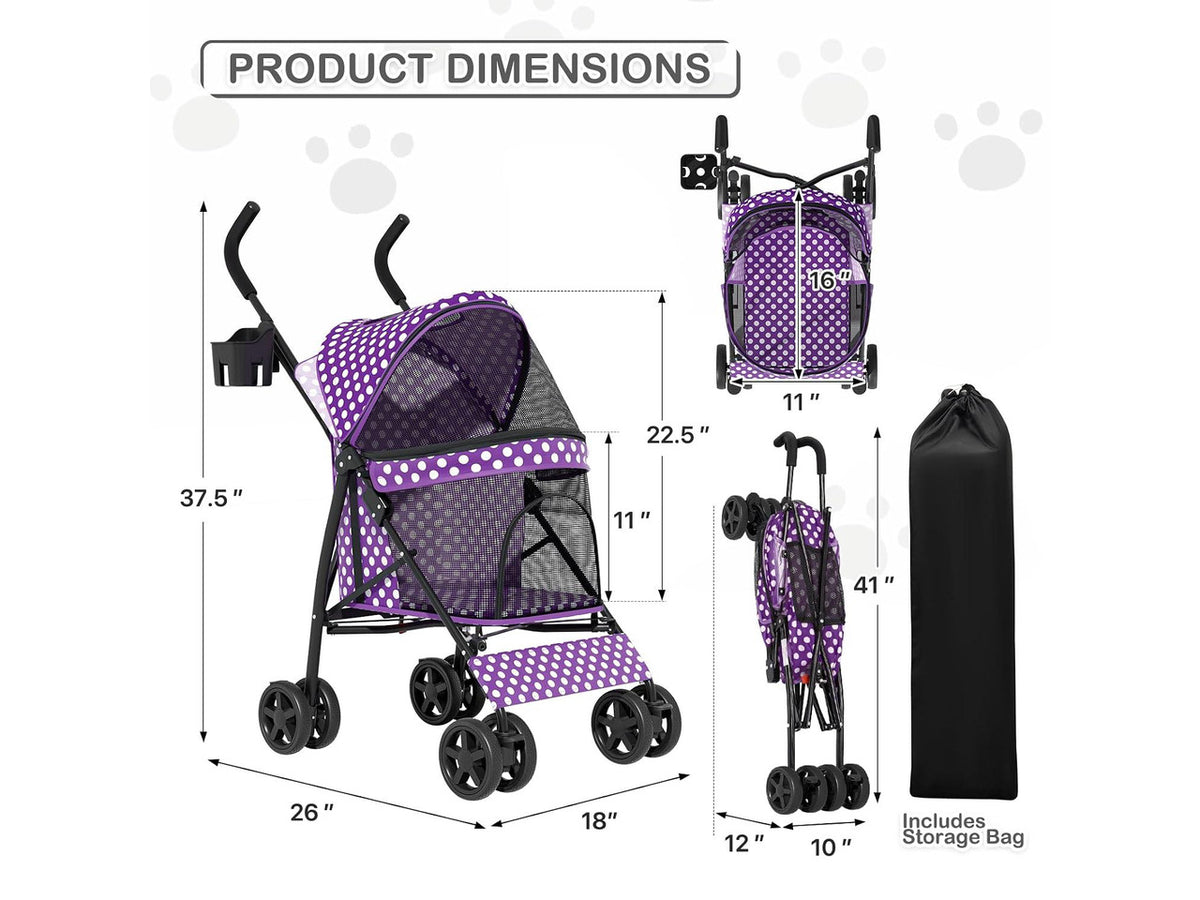 4 Wheels Pet Stroller, Easy-Fold Umbrella Shaped Dog Cat Jogger Stroller w/Storage Bag & Visible Mesh for Small/Medium Dogs Cats Purple Polka Dots