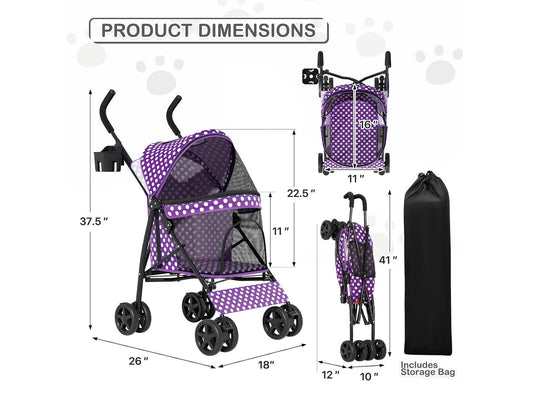 4 Wheels Pet Stroller, Easy-Fold Umbrella Shaped Dog Cat Jogger Stroller w/Storage Bag & Visible Mesh for Small/Medium Dogs Cats Purple Polka Dots