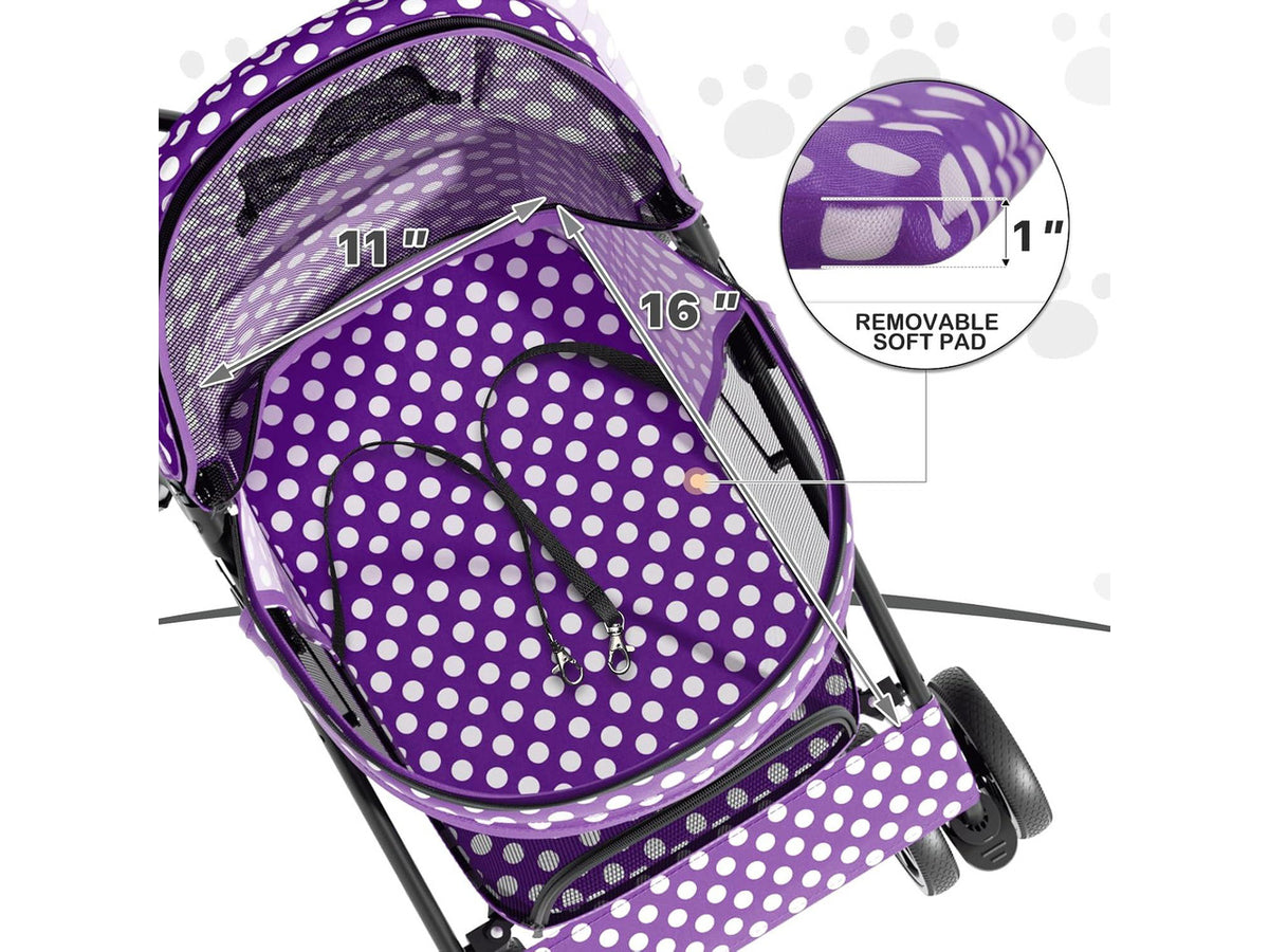 4 Wheels Pet Stroller, Easy-Fold Umbrella Shaped Dog Cat Jogger Stroller w/Storage Bag & Visible Mesh for Small/Medium Dogs Cats Purple Polka Dots