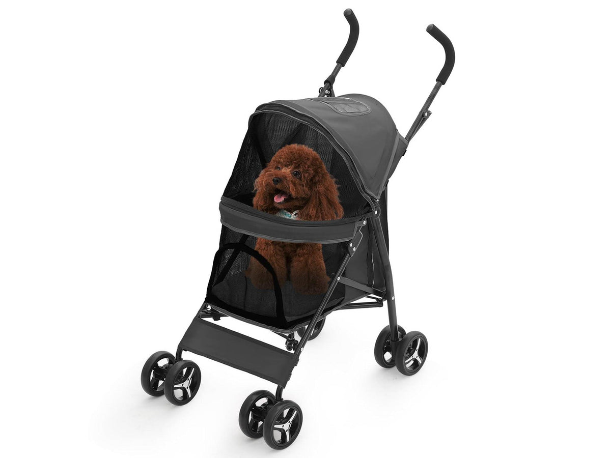 4 Wheels Pet Stroller, Lightweight Easy-Fold Puppy Jogger Stroller with Visible Mesh & Rear Storage for Small/Medium Dogs up to 22 lbs, Perfect for Walks, Travel, Black