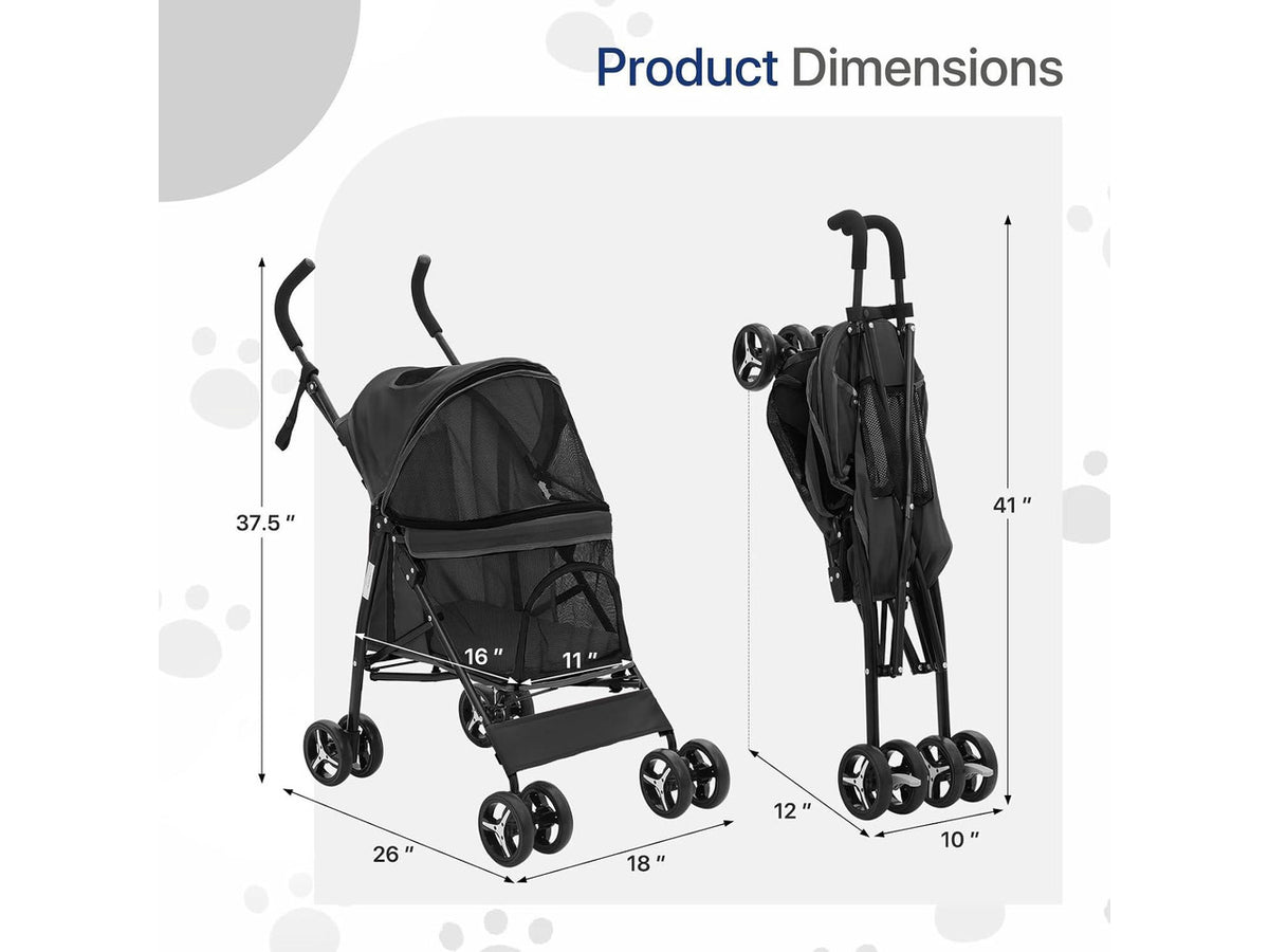 4 Wheels Pet Stroller, Lightweight Easy-Fold Puppy Jogger Stroller with Visible Mesh & Rear Storage for Small/Medium Dogs up to 22 lbs, Perfect for Walks, Travel, Black