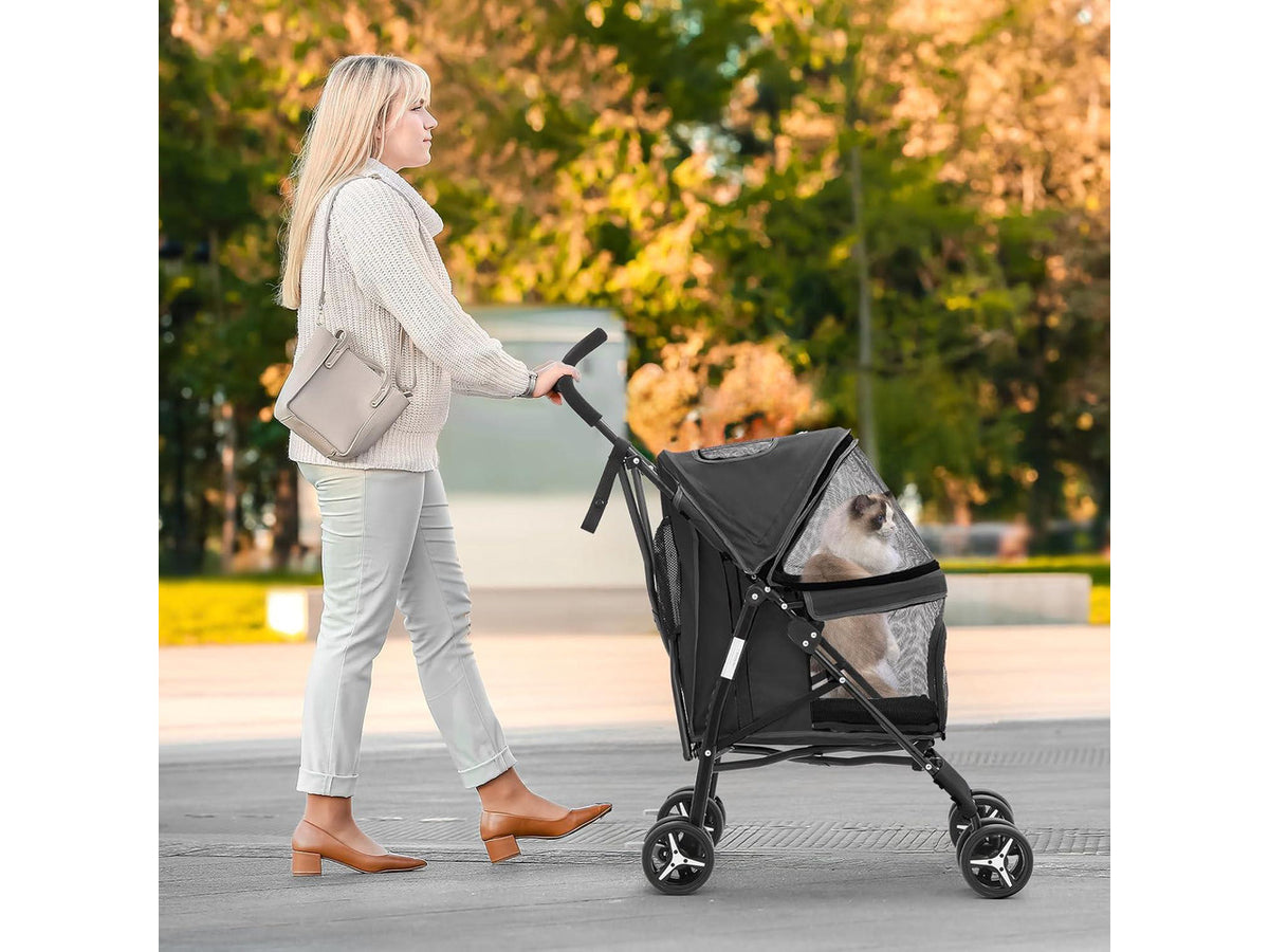 4 Wheels Pet Stroller, Lightweight Easy-Fold Puppy Jogger Stroller with Visible Mesh & Rear Storage for Small/Medium Dogs up to 22 lbs, Perfect for Walks, Travel, Black