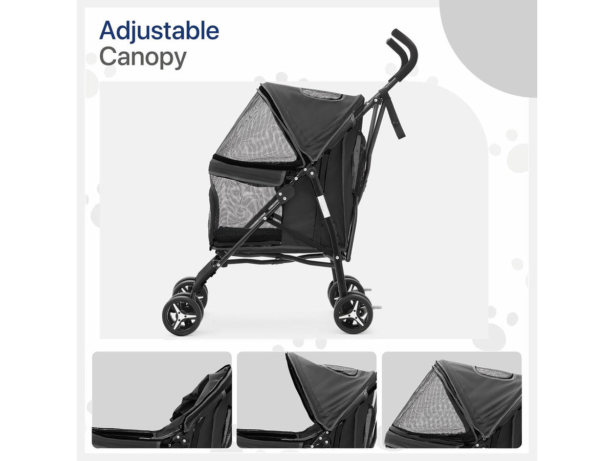 4 Wheels Pet Stroller, Lightweight Easy-Fold Puppy Jogger Stroller with Visible Mesh & Rear Storage for Small/Medium Dogs up to 22 lbs, Perfect for Walks, Travel, Black