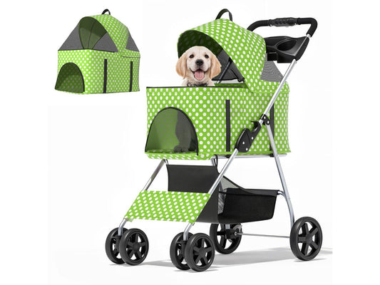 3 in 1 Foldable Pet Stroller for Small & Medium Dogs, Detachable Carrier, Car Seat, Push Button Entry, 4-Wheel Jogger for Pets up to 33 lbs, Lawn Green Polka Dots