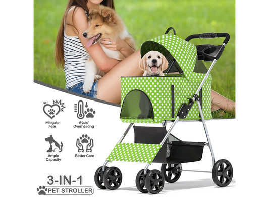 3 in 1 Foldable Pet Stroller for Small & Medium Dogs, Detachable Carrier, Car Seat, Push Button Entry, 4-Wheel Jogger for Pets up to 33 lbs, Lawn Green Polka Dots