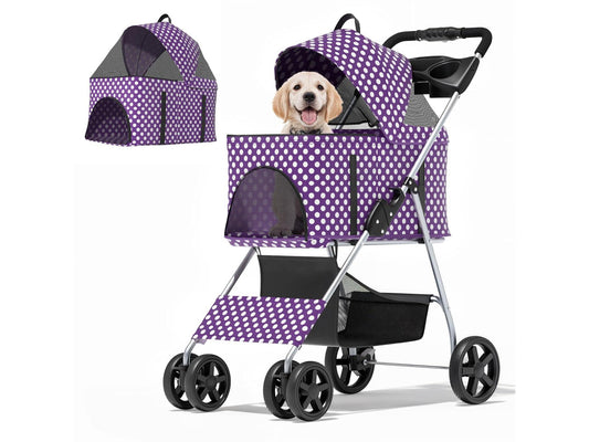 3 in 1 Foldable Pet Stroller for Small & Medium Dogs, Detachable Carrier, Car Seat, Push Button Entry, 4-Wheel Jogger for Pets up to 33 lbs, Purple Polka Dots