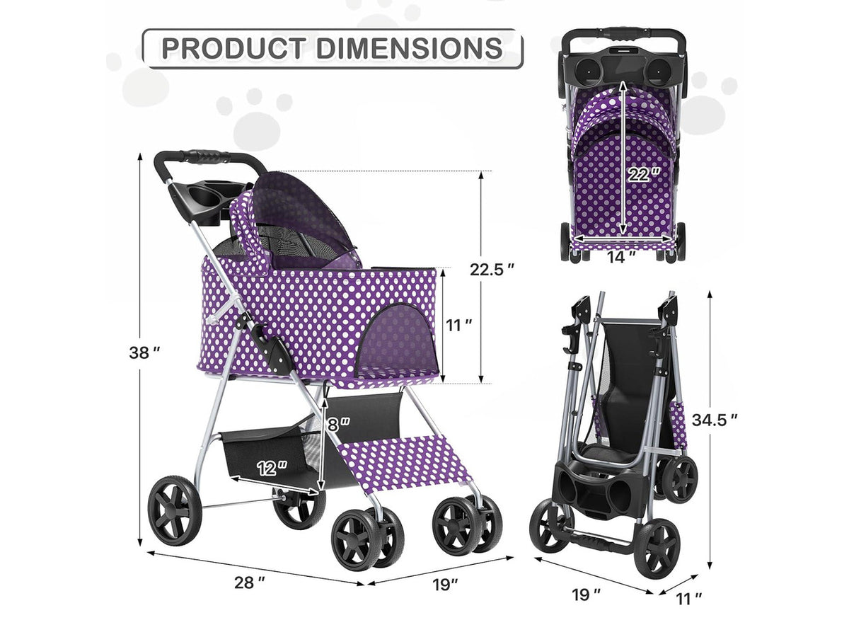 3 in 1 Foldable Pet Stroller for Small & Medium Dogs, Detachable Carrier, Car Seat, Push Button Entry, 4-Wheel Jogger for Pets up to 33 lbs, Purple Polka Dots