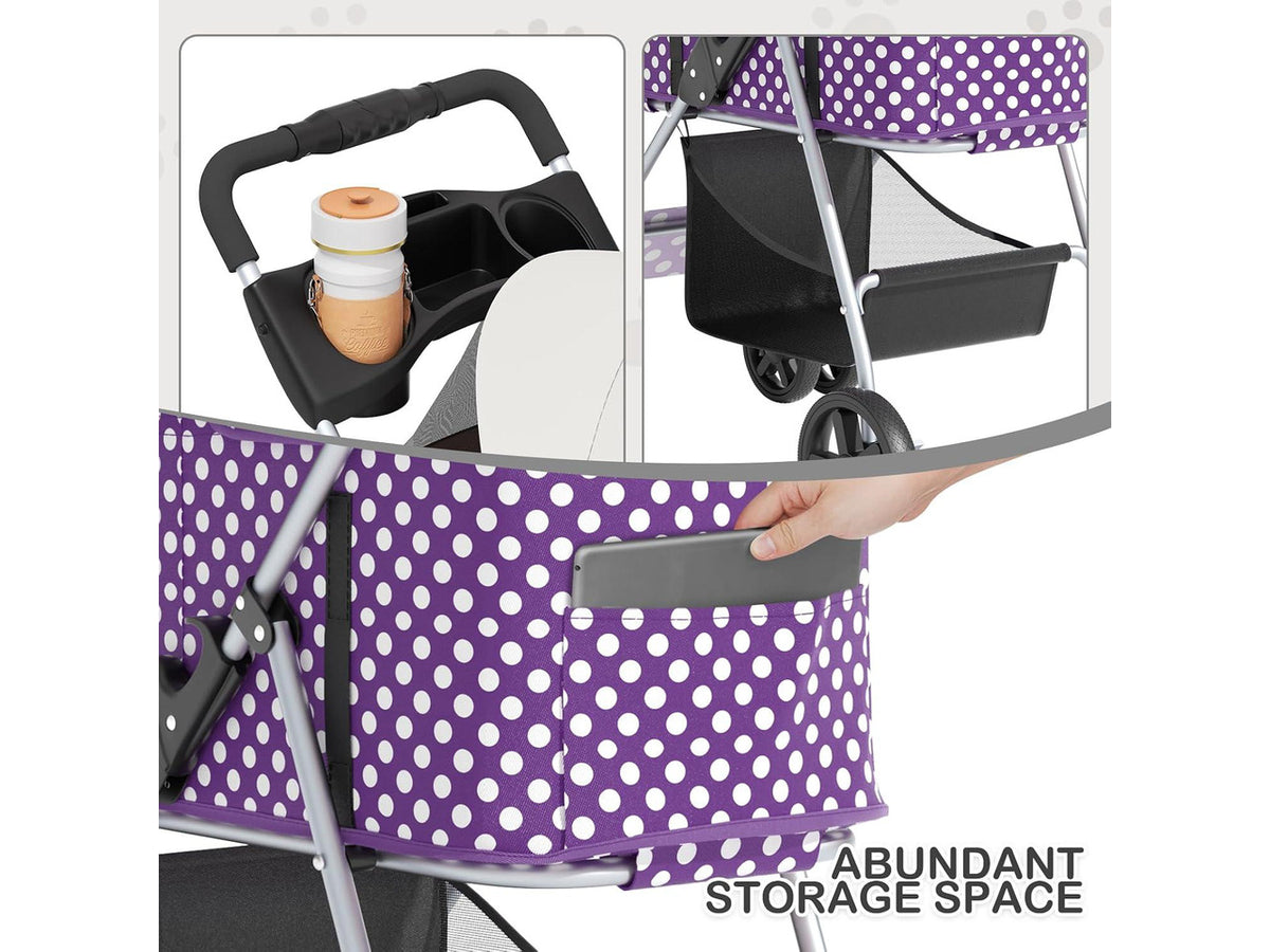 3 in 1 Foldable Pet Stroller for Small & Medium Dogs, Detachable Carrier, Car Seat, Push Button Entry, 4-Wheel Jogger for Pets up to 33 lbs, Purple Polka Dots