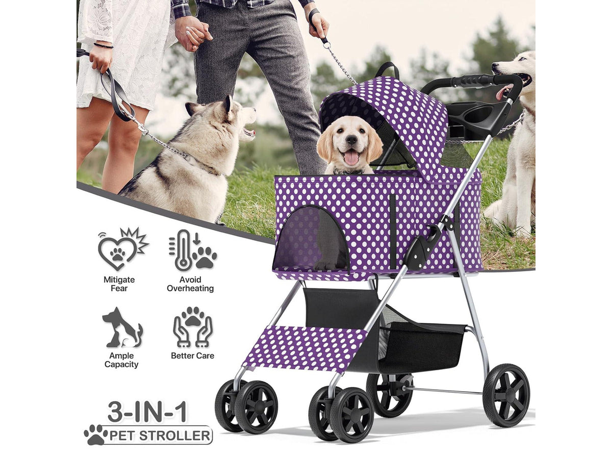 3 in 1 Foldable Pet Stroller for Small & Medium Dogs, Detachable Carrier, Car Seat, Push Button Entry, 4-Wheel Jogger for Pets up to 33 lbs, Purple Polka Dots