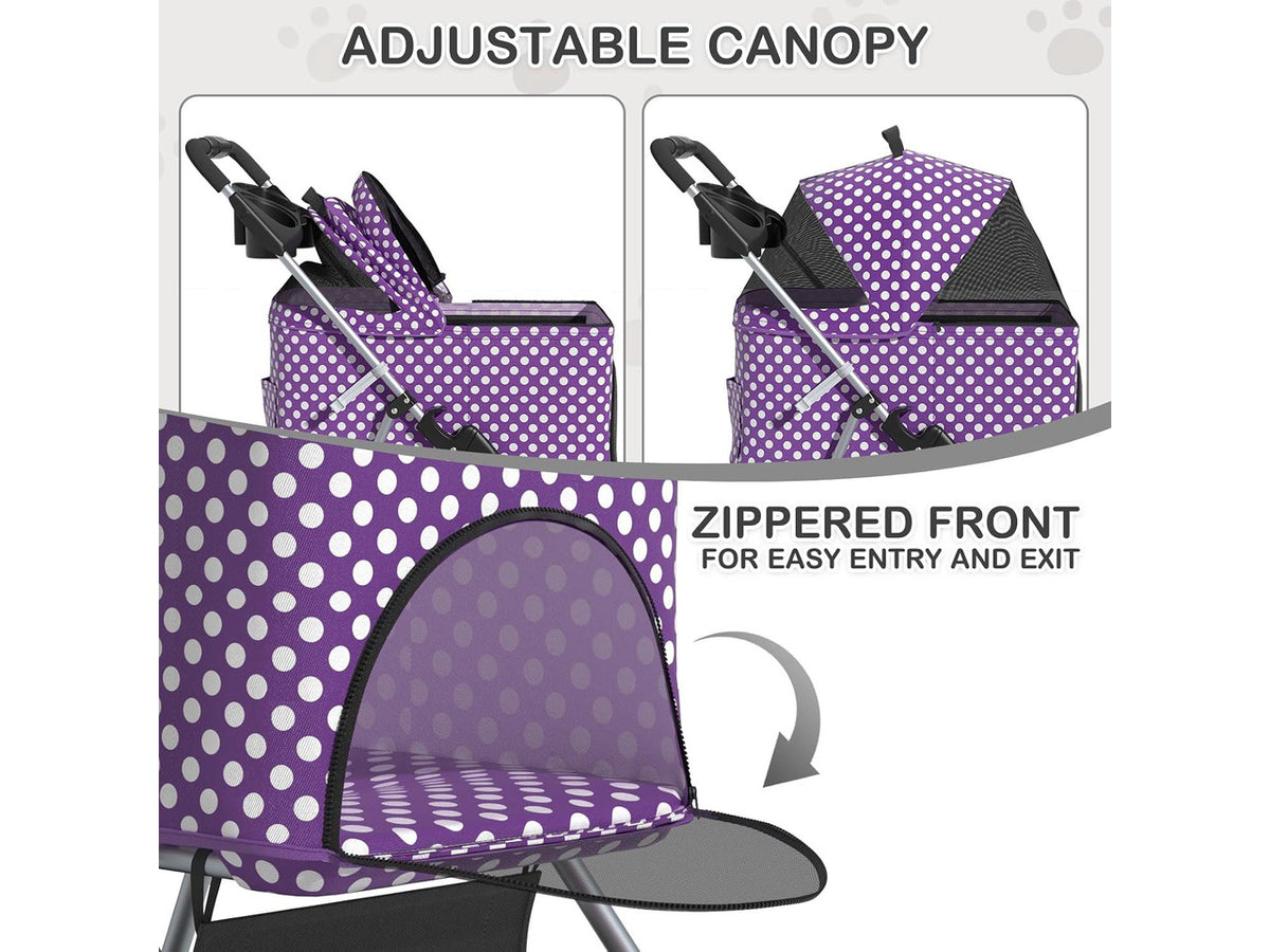 3 in 1 Foldable Pet Stroller for Small & Medium Dogs, Detachable Carrier, Car Seat, Push Button Entry, 4-Wheel Jogger for Pets up to 33 lbs, Purple Polka Dots