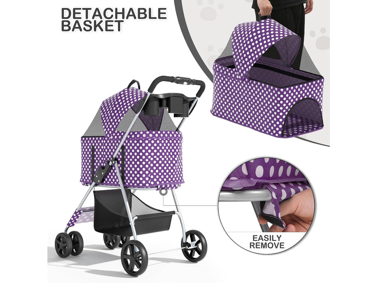 3 in 1 Foldable Pet Stroller for Small & Medium Dogs, Detachable Carrier, Car Seat, Push Button Entry, 4-Wheel Jogger for Pets up to 33 lbs, Purple Polka Dots