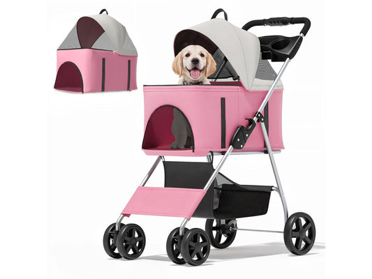 3 in 1 Foldable Pet Stroller for Small & Medium Dogs, Detachable Carrier, Car Seat, Push Button Entry, 4-Wheel Jogger for Pets up to 33 lbs, Pink