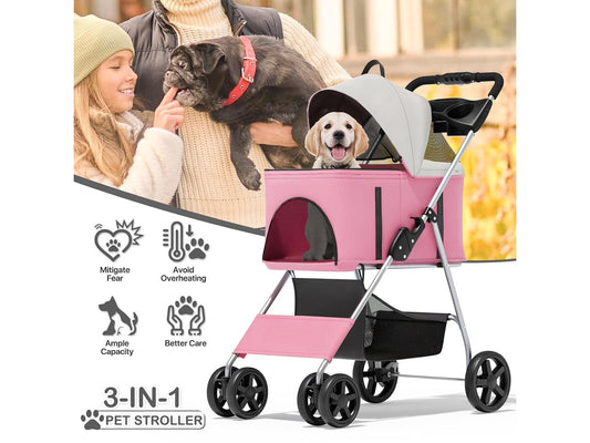 3 in 1 Foldable Pet Stroller for Small & Medium Dogs, Detachable Carrier, Car Seat, Push Button Entry, 4-Wheel Jogger for Pets up to 33 lbs, Pink