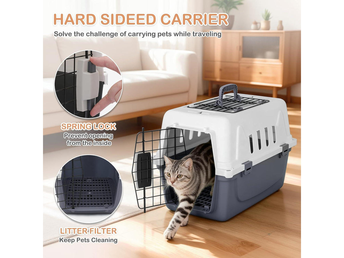 18-Inch 2-Door Top Loading Cat Carrier, Plastic Dog Crate Hard-Sided Dog Travel Carrier for Small Dogs and Cats, Ventilation and Security Lock Design for Pets up to 10 lbs (Grey)