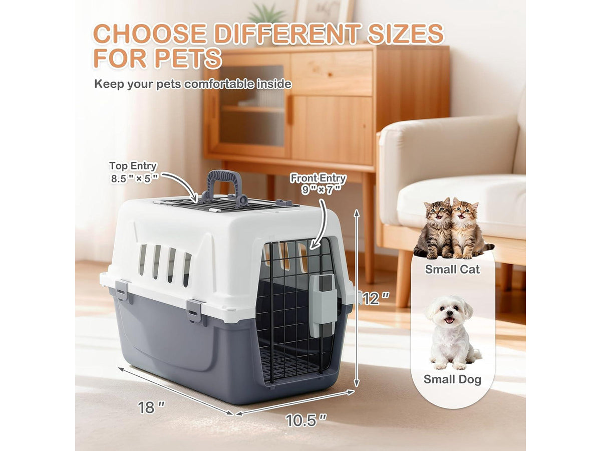 18-Inch 2-Door Top Loading Cat Carrier, Plastic Dog Crate Hard-Sided Dog Travel Carrier for Small Dogs and Cats, Ventilation and Security Lock Design for Pets up to 10 lbs (Grey)