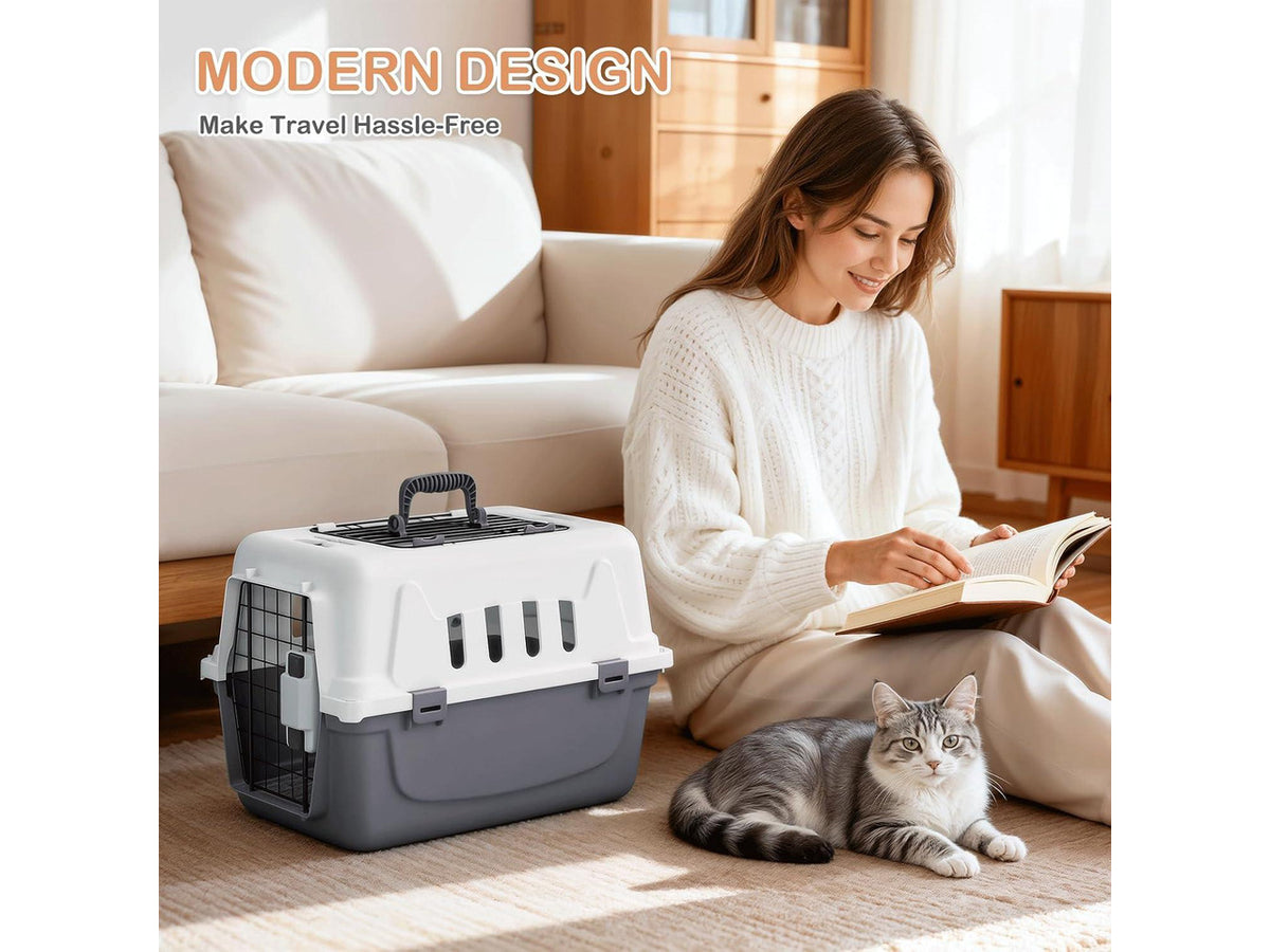 18-Inch 2-Door Top Loading Cat Carrier, Plastic Dog Crate Hard-Sided Dog Travel Carrier for Small Dogs and Cats, Ventilation and Security Lock Design for Pets up to 10 lbs (Grey)