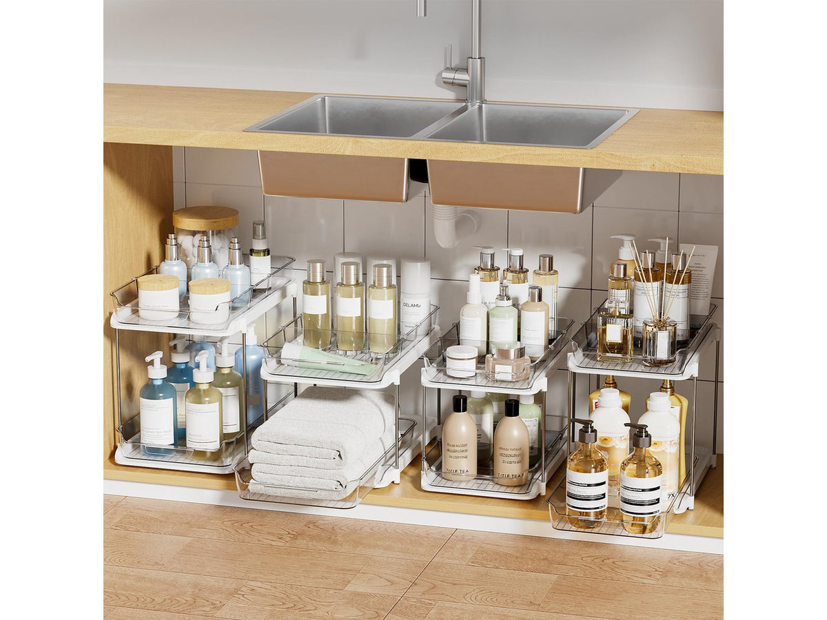 2-Tier Multi-Purpose Bathroom Under Sink Organizers and Storage, Stackable Kitchen Pantry Organization, Pull Out Medicine Cabinet Organizer with Movable Dividers, White, 4Pack