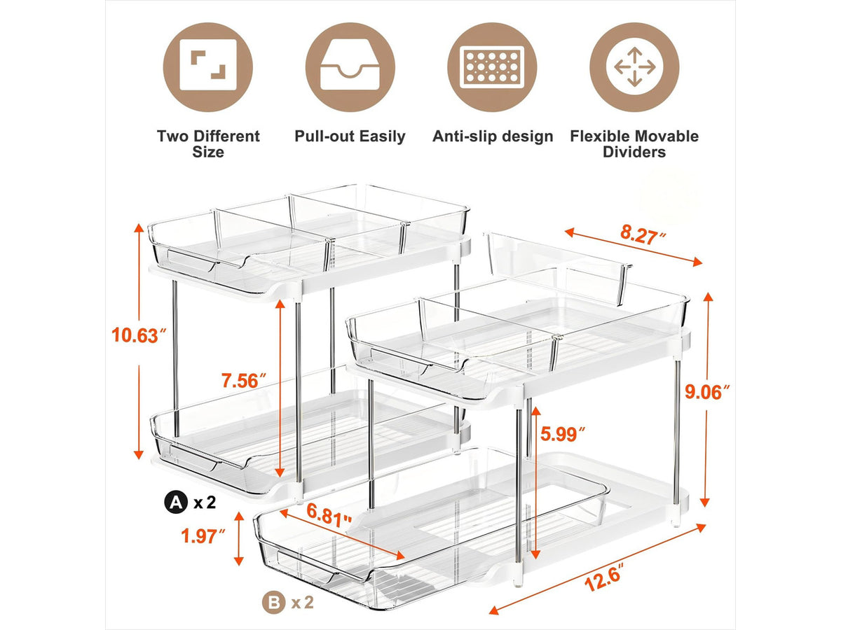 2-Tier Multi-Purpose Bathroom Under Sink Organizers and Storage, Stackable Kitchen Pantry Organization, Pull Out Medicine Cabinet Organizer with Movable Dividers, White, 4Pack
